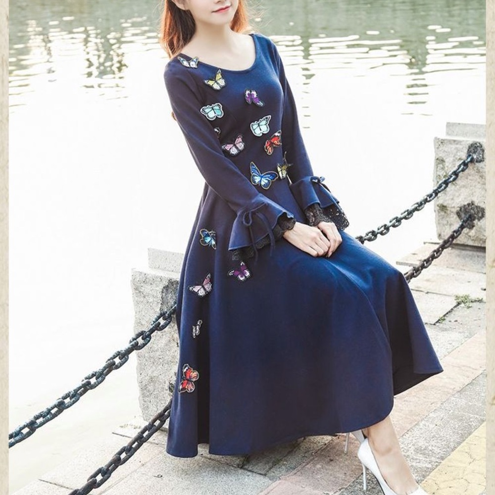 NEW Lovely Butterfly Applique Lace Trim Bell-Sleeve A-Line Midi Dress …